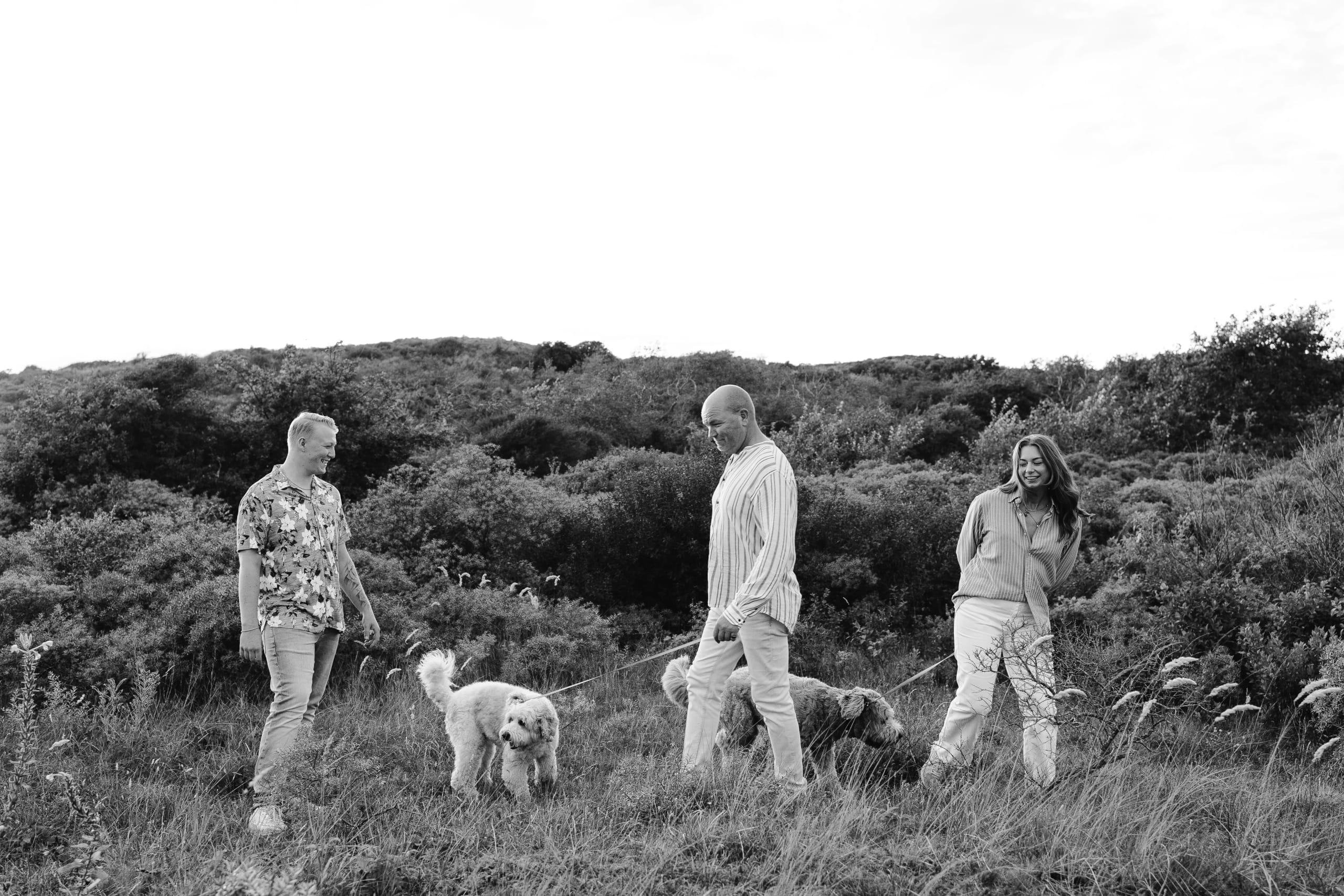 Een vrolijke groep mensen wandelt met hun honden door een groene heuvelachtige omgeving, omringd door struiken en gras, terwijl ze genieten van een ontspannen moment in de natuur.
